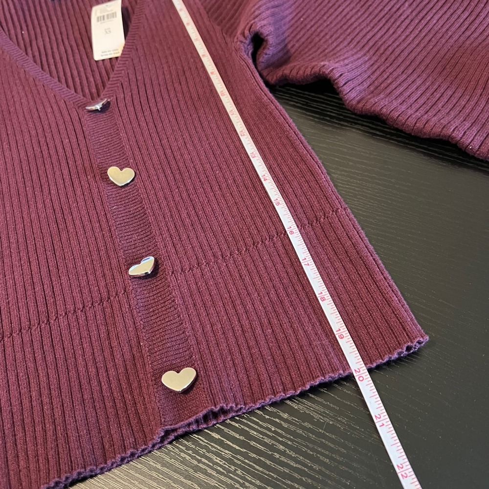 Anthropologie Ribbed Heart Button Cardigan Plum Puff Sleeve‎ Sweater XS NWT - Picture 12 of 12